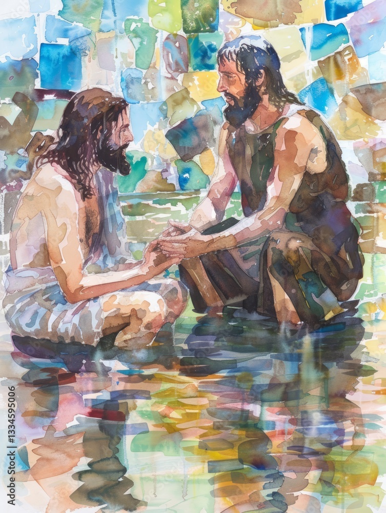 Poster man performing baptism in river scene with surrounding empty space on white backdrop