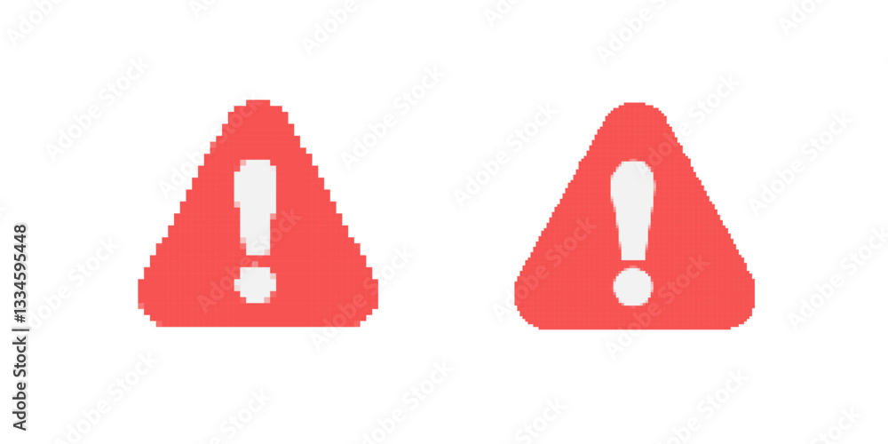 Poster two pixelated red warning icons shaped like triangles, each containing a white exclamation mark, sym