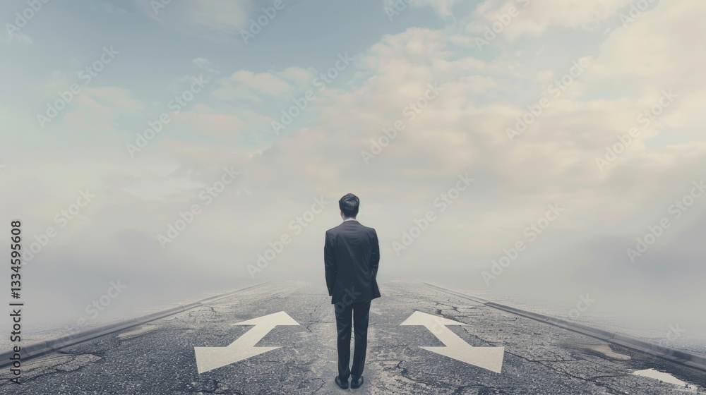 Poster man standing at crossroads making decision to take right path forward with minimalistic background