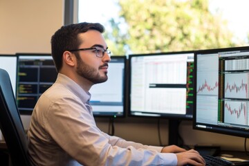 Young financial analyst working at a multi-monitor setup, analyzing stock market data and charts in a modern office environment
