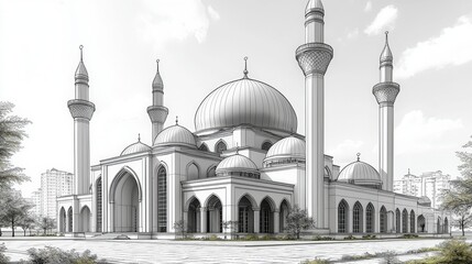 Obraz premium Intricate Architectural Design of a Mosque in Black and White with Surrounding Landscape