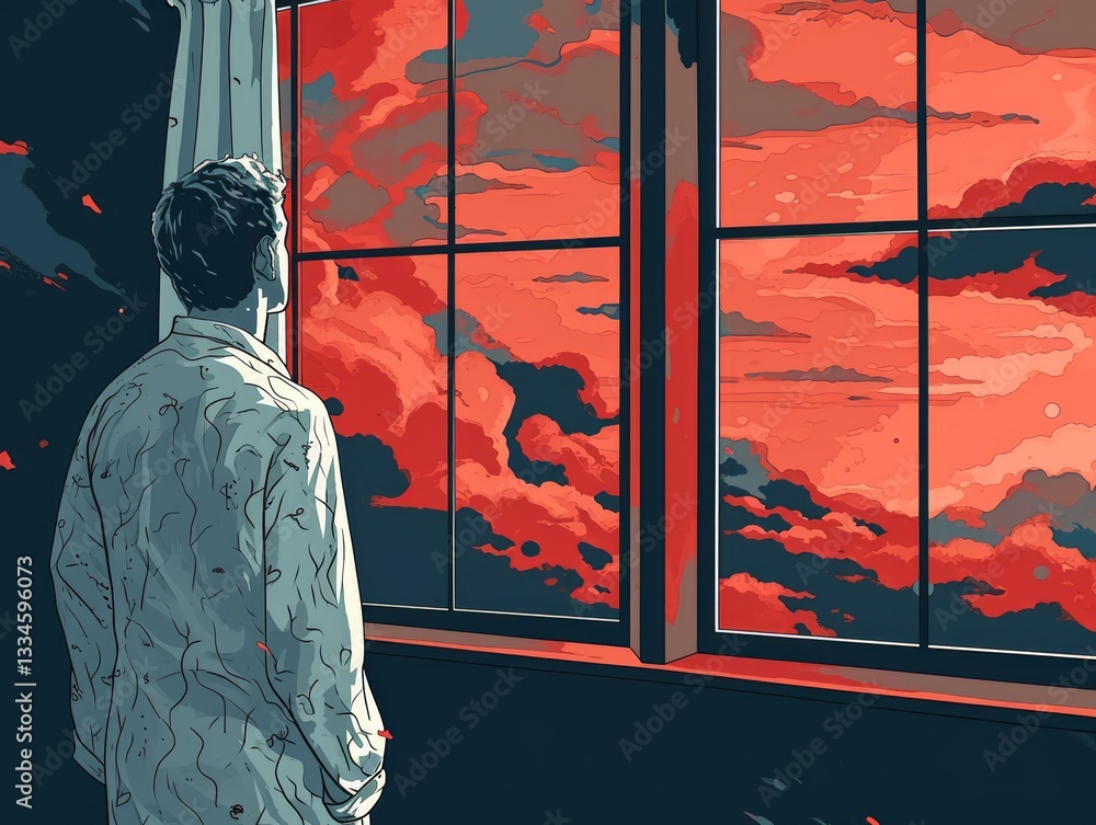 Poster man wearing pajamas looking out of the window at red clouds in a serene atmosphere of relaxation and