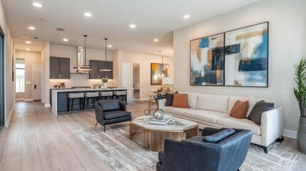 Fototapeta premium A trendy living area with an open design, warm recessed lighting, and statement abstract artwork.