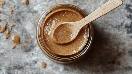 Rustic charm: Brown sugar in a glass jar, nestled on marble with a wooden spoon. Sweet simplicity