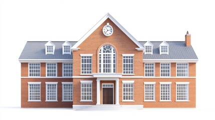 This impressive brick school building stands tall under a clear blue sky, featuring large windows and decorative elements that highlight its historical significance and inviting atmosphere