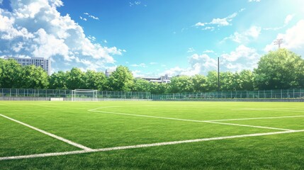 A vast, empty soccer field with freshly cut grass, white boundary lines, and goalposts under a clear sky.