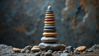 Obraz premium balanced stack of colorful stones on textured surface, evoking calm and harmony in natural setting