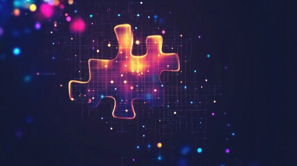 Glowing puzzle piece digital solution, dark background