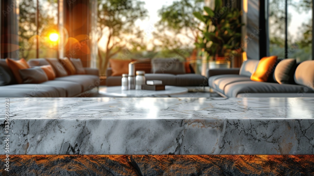 Poster marble counter with copy space in blurred living room background for product display