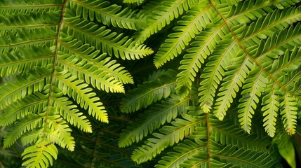 Detailed close-up of vibrant green fern fronds showcasing intricate venation patterns and serrated edges, illuminated by natural sunlight in a forest environment