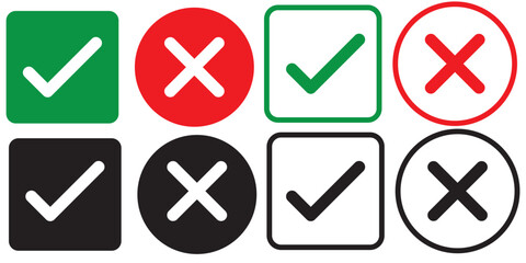 Green check mark and red cross mark in circle. Vector illustration. Isolated on white background . 1176