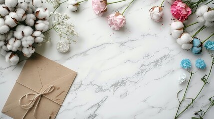 Marble Desk with Pink and Blue Flowers Postcard Kraft Envelope Twine Cotton Branch Layout for Womens Day or Mothers Day Stationery Arrangement