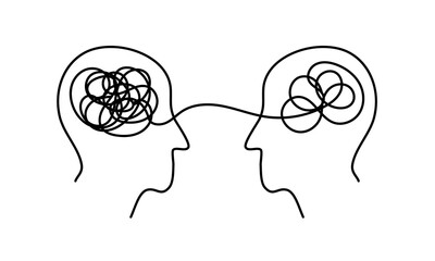 Simple line drawing showing two heads linked by a line, symbolizing shared thoughts or ideas.