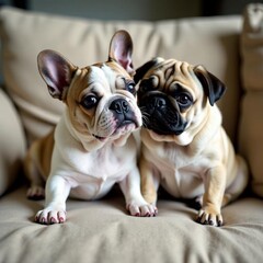 Fototapeta premium French Bulldog and Pug Sitting Together