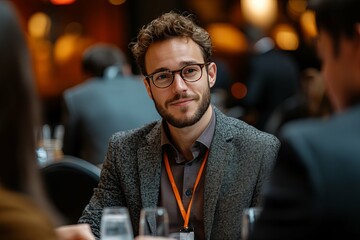 Smiling man with eyeglasses seated at a meeting looking forward
