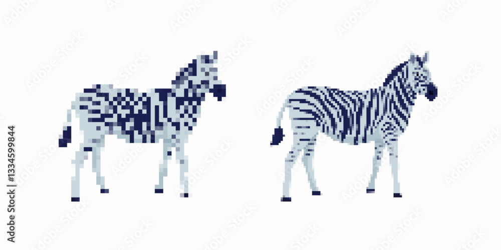 Poster a zebra shown in two styles: simple pixel art blocks and detailed pixel stripes showcasing variety.