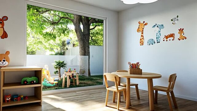 Bright and inviting children's playroom with animal wall decals and a view of a sunny garden