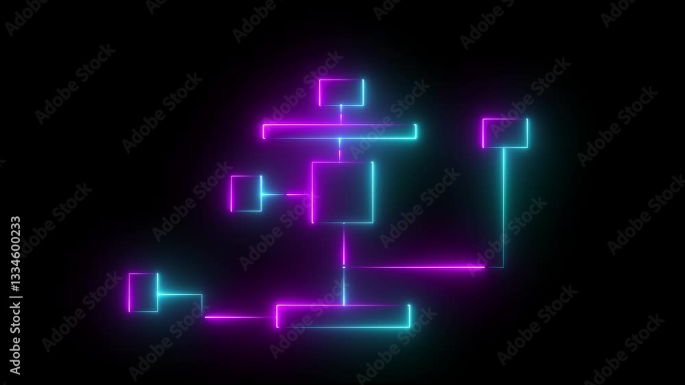 Poster diagram illustrating a linear process flow neon line business hierarchy connection contour corporate