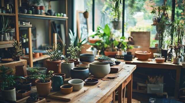 Handmade pottery displayed in a cozy workshop
