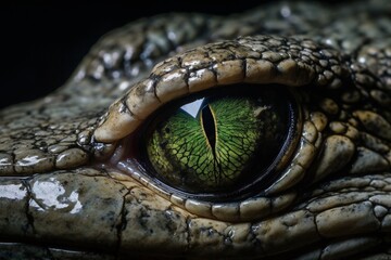 Fototapeta premium Detailed Close Up View of a Green Reptilian Eye with Scaly Skin Texture, Revealing the Intricate Beauty of Wildlife in Nature