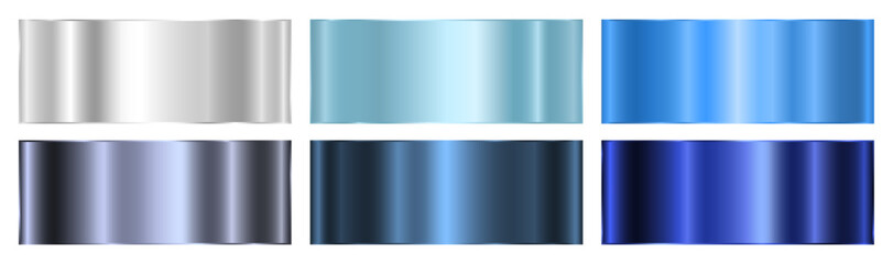A set of six blue and silver gradients with contours on a white background. Metallic texture, shiny background. Vector EPS 10.