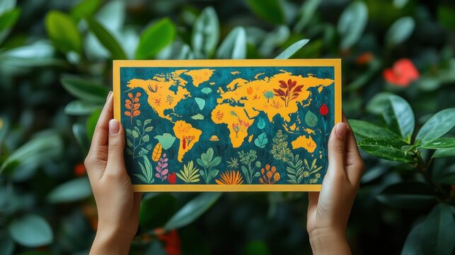 Hands Holding Save Our Planet Banner with Globe and Greenery for Environmental Awareness Campaign