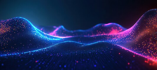 Futuristic Digital Landscape Neon Blue Pink Glowing Waves Circuit Board Abstract Background Design