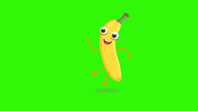 Cheerful cartoon green Banana character with cute smile. Sweet orange fruit, happy funny food personage. Healthy food concept High quality 4K video on green screen background