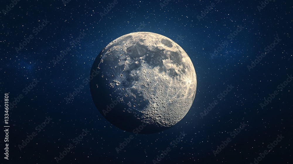 Poster detailed full moon view with visible craters and texture against a starry sky background in deep spa