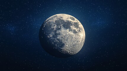 Naklejka premium Detailed Full Moon View with Visible Craters and Texture Against a Starry Sky Background in Deep Space