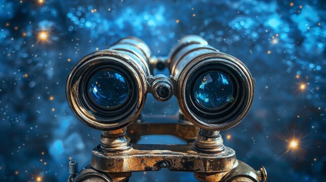 Vintage binoculars against a cosmic background
