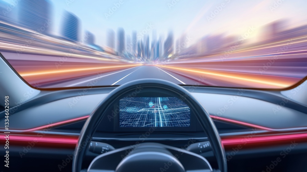 Poster a self-driving carâ€™s digital map interface showing real-time navigation, ai-powered gps