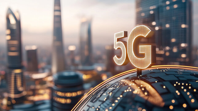 Futuristic cityscape with 5g technology over globe in modern metropolis