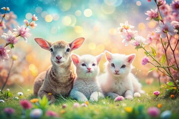 Pastel Baby Animals Spring Watercolor Bokeh - Cute Lambs, Kittens, Bunnies & Blossoms