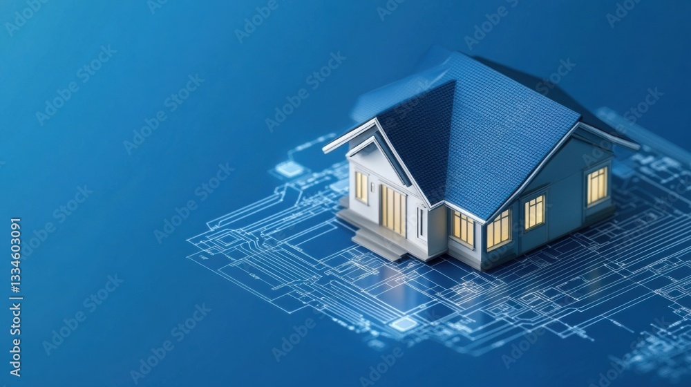 Poster a smart home control system displaying a digital blueprint map of the house with ai automation