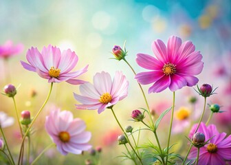Pastel Cosmos Flowers Panoramic Photography -  Beautiful Side View Bloom