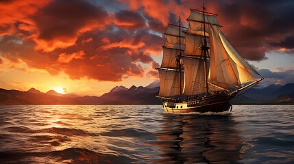 Obraz premium Sunset Sail: A Majestic Sailing Ship at Golden Hour