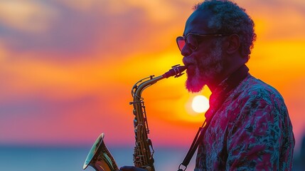 Saxophonist performs during summer concert at sunset by the beach