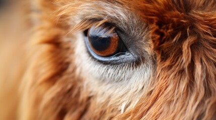 Obraz premium Detailed macro photograph capturing the soulful gaze of a brown animal eye, showcasing its long eyelashes and reddish-brown fur texture in natural light