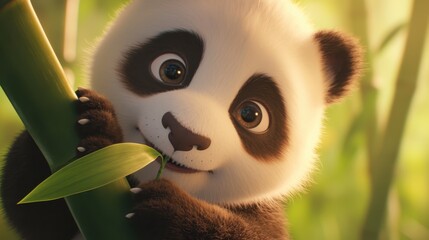 Obraz premium A baby panda chewing on a bamboo stalk in a peaceful grove.