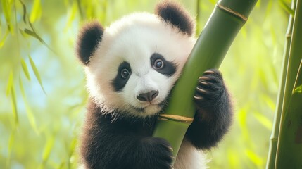 Obraz premium A baby panda climbing a bamboo shoot.