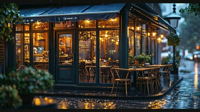 A cozy and welcoming outdoor cafe in the dripping rain with large windows showing off the charming interior decorated with vintage decor and warm lighting.