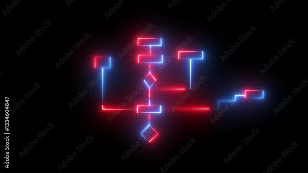 Poster diagram illustrating a linear process flow neon line business hierarchy connection contour corporate