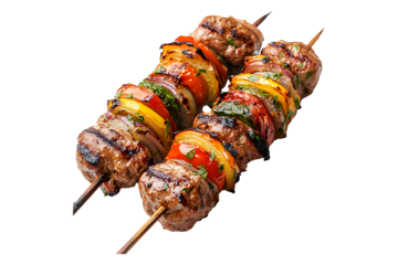 Delicious grilled kebabs on skewers Isolated on Transparent Background PNG.