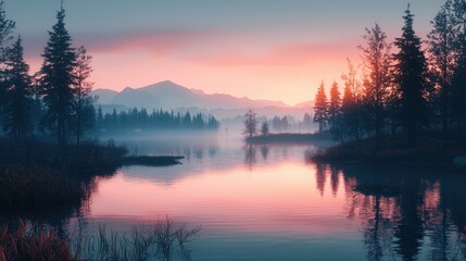 Misty Sunrise Lake Reflections Over Mountains