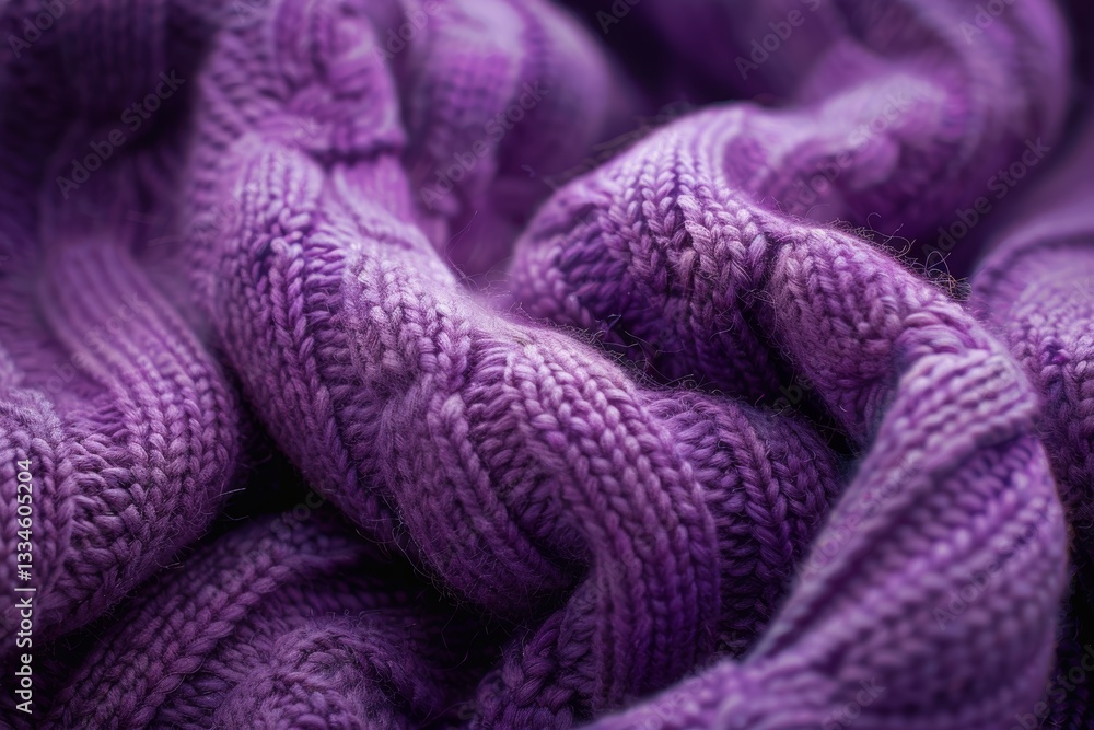 Poster detailed macro photograph showcasing the intricate texture and weave of a soft purple knitted woolen