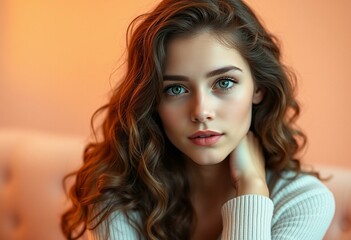 Fototapeta premium Warm pastel background portrait of a young woman