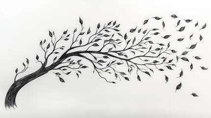 Hand-drawn black and white illustration of a tree with swirling leaves in a minimalist style