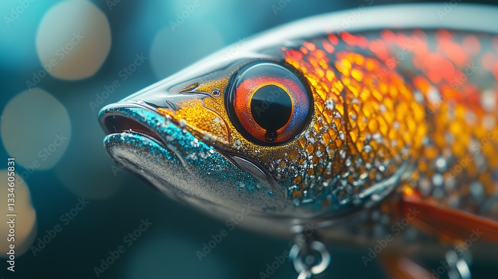 Poster detailed macro shot of a vibrant fishing lure head with a large eye and textured scales against a so