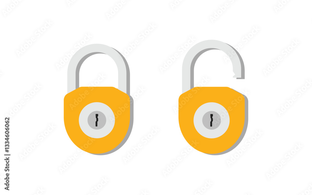 Poster set of lock flat icon. padlock unlocked and locked. lock closed and lock open. symbol protection and